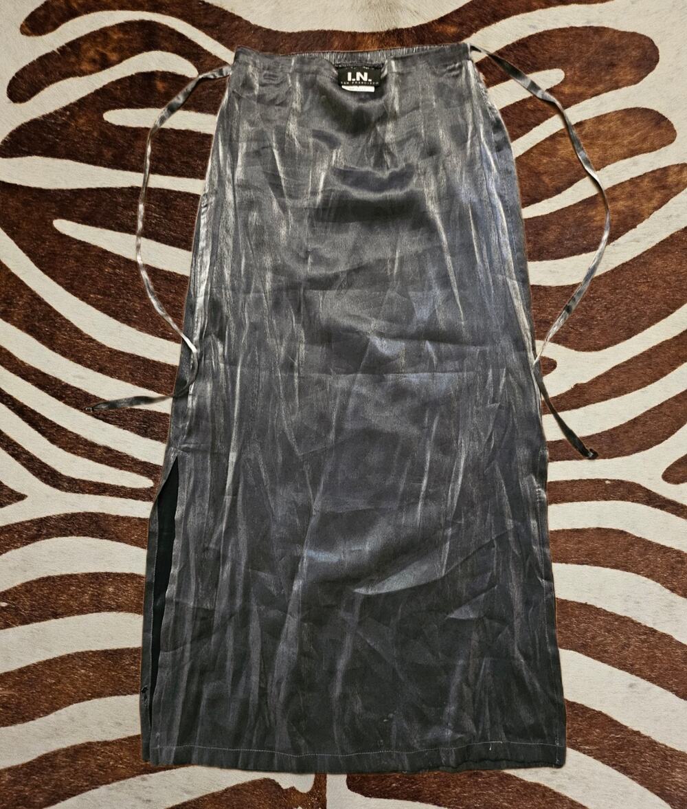Vintage Y2K I.N. San Francisco Metallic Silver Maxi Slit Skirt Womens Sz S